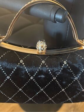 Gold-Trim Black Velvet Evening Clutch with Crystal Knot